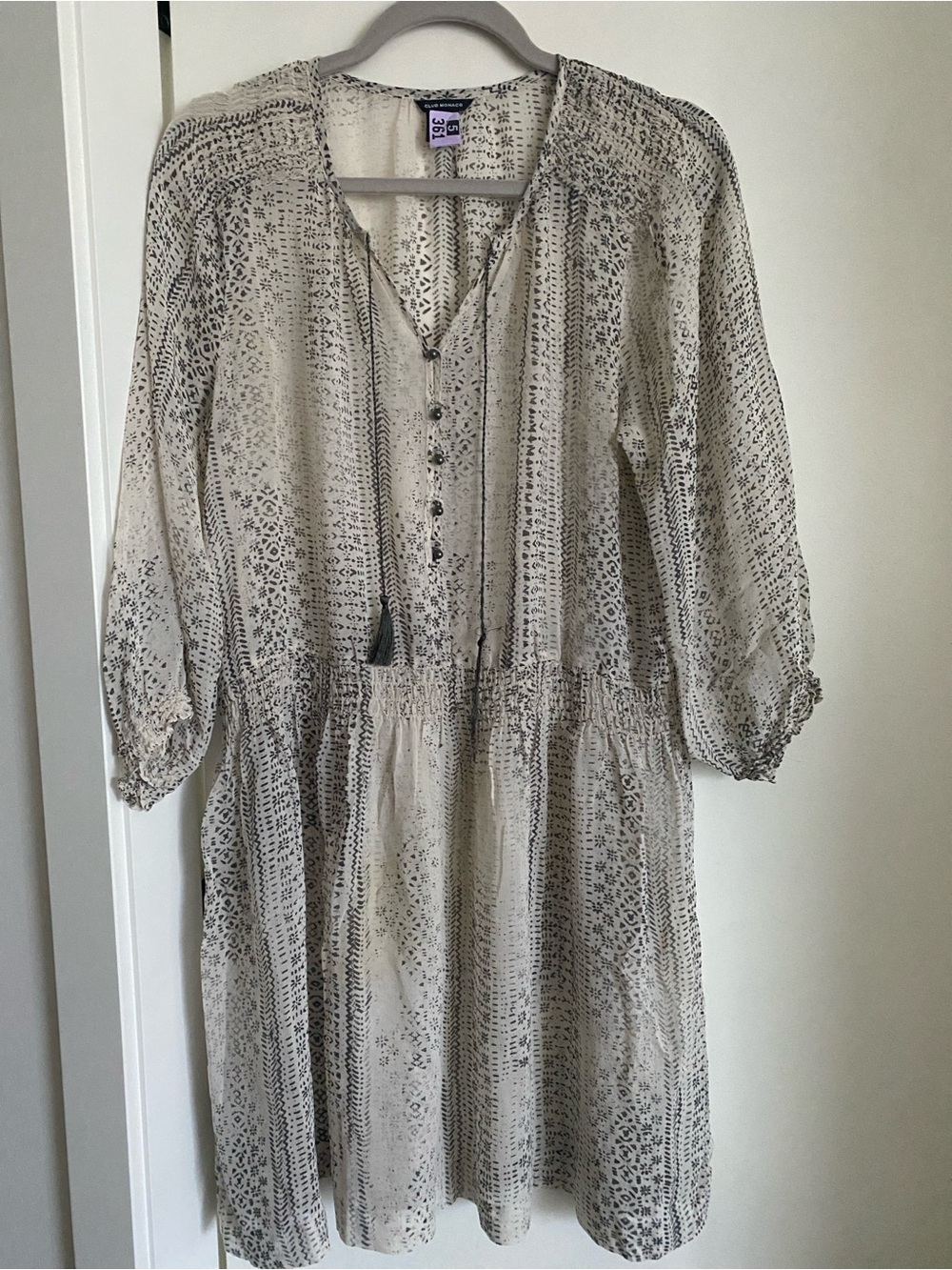 Club Monaco Sheer Silk Dress with Black Printed Pattern
